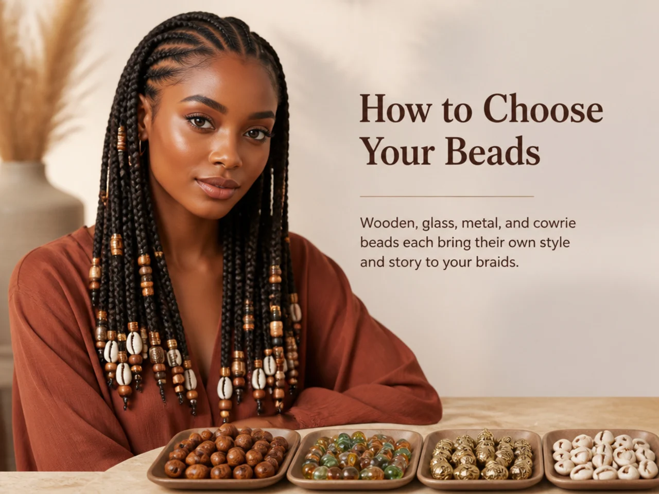 Wooden, glass, metal and cowrie beads laid out side by side for comparison