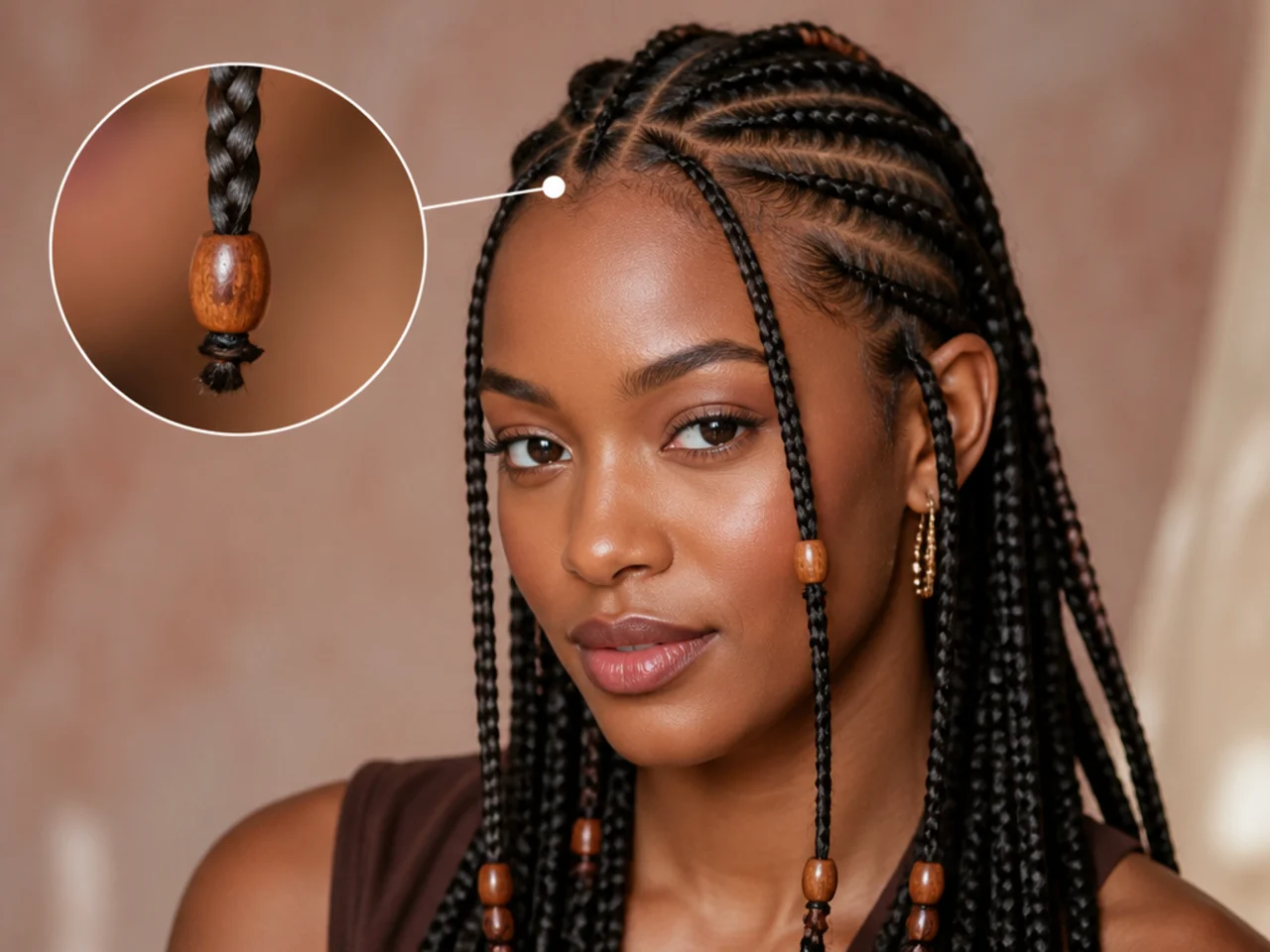 Close-up of a bead threaded onto a braid and secured with a small elastic