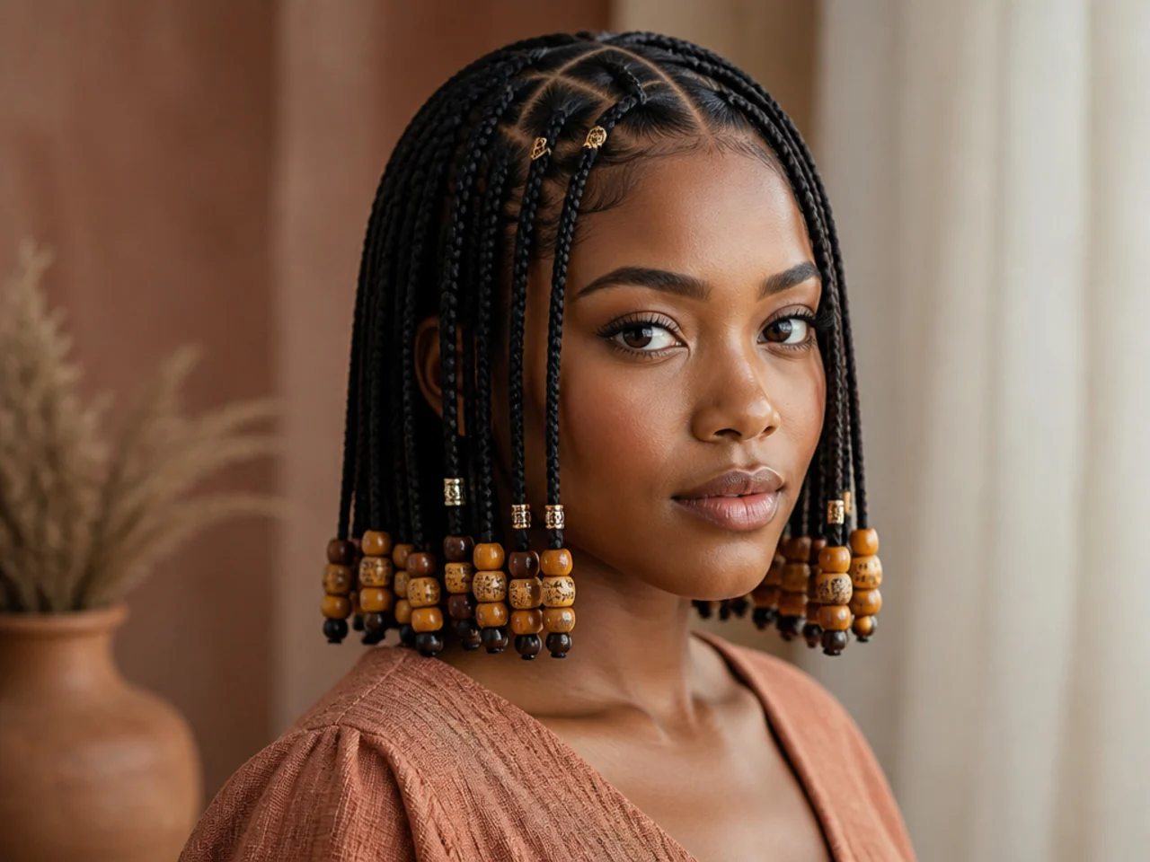 Fulani bob with beads threaded at the ends near the jawline