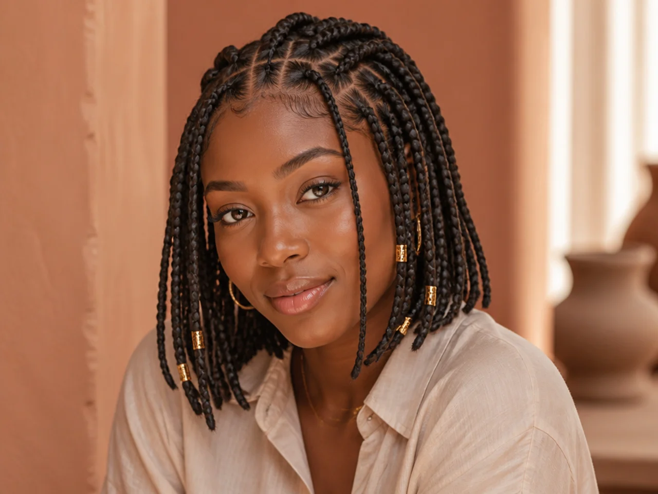Fulani bob with alternating thick and thin braid widths