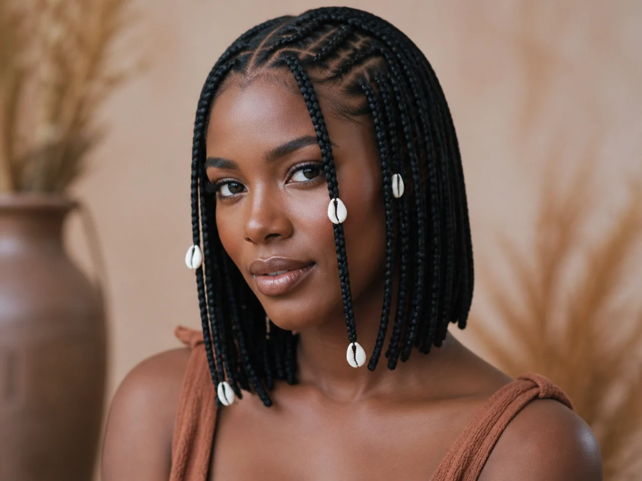 Fulani bob with cowrie shells on the face-framing braids