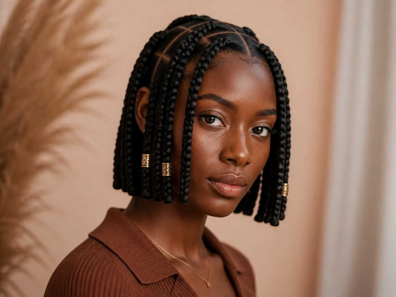 Jumbo Fulani braids cut level at the jaw