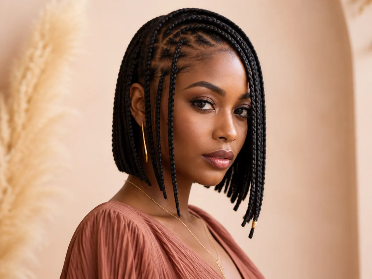 Angled Fulani bob with longer front braids and a shorter back