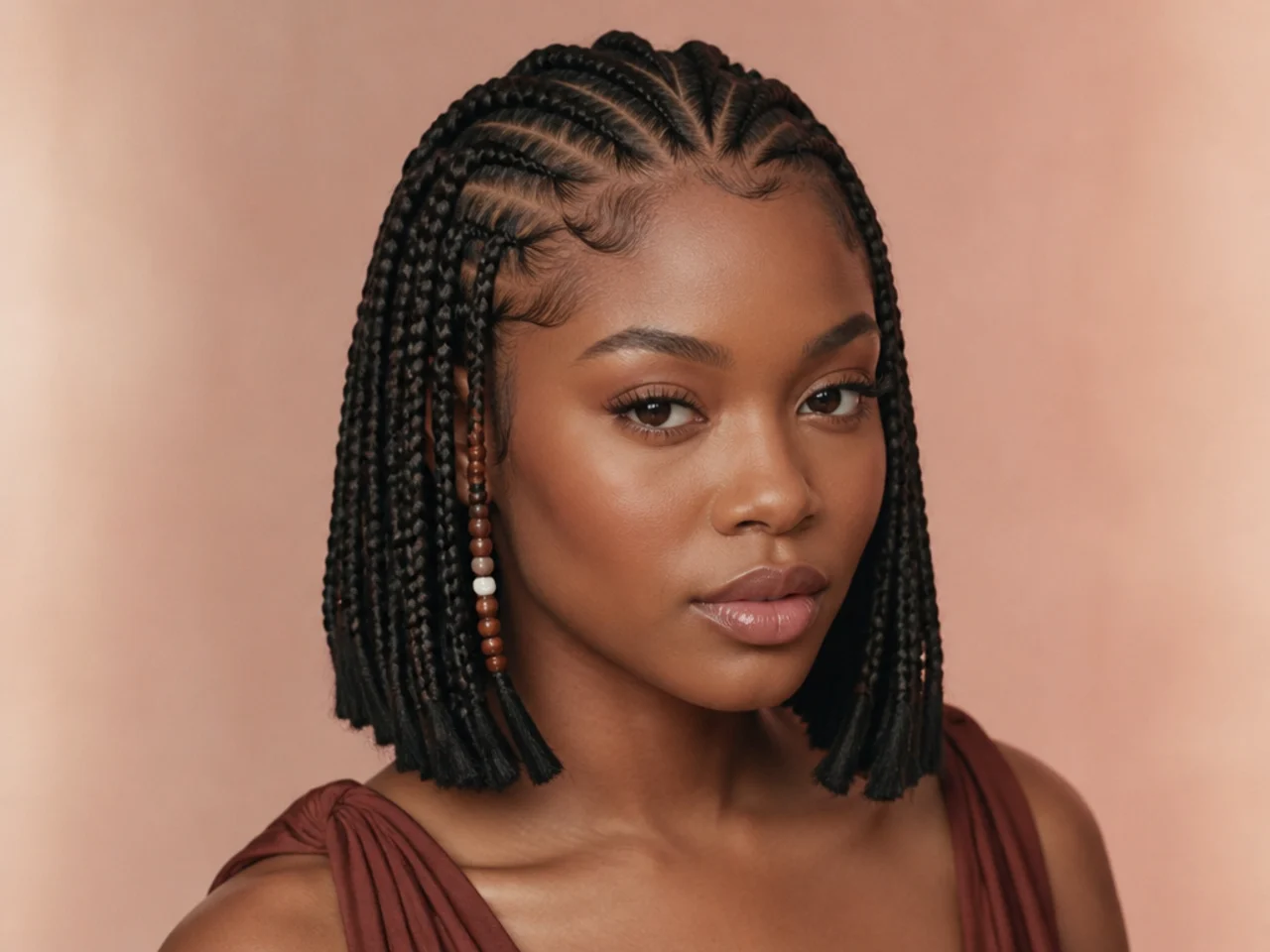 Close-up of a Fulani bob showing the cornrow transition and the blunt bottom edge