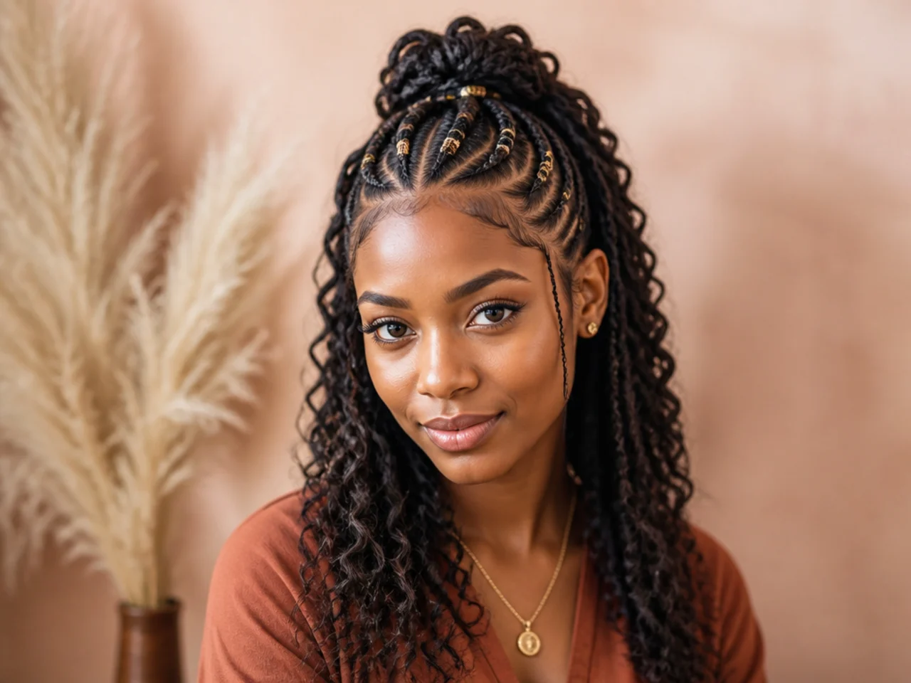 Half-up Fulani braids with curls falling from the gathered section