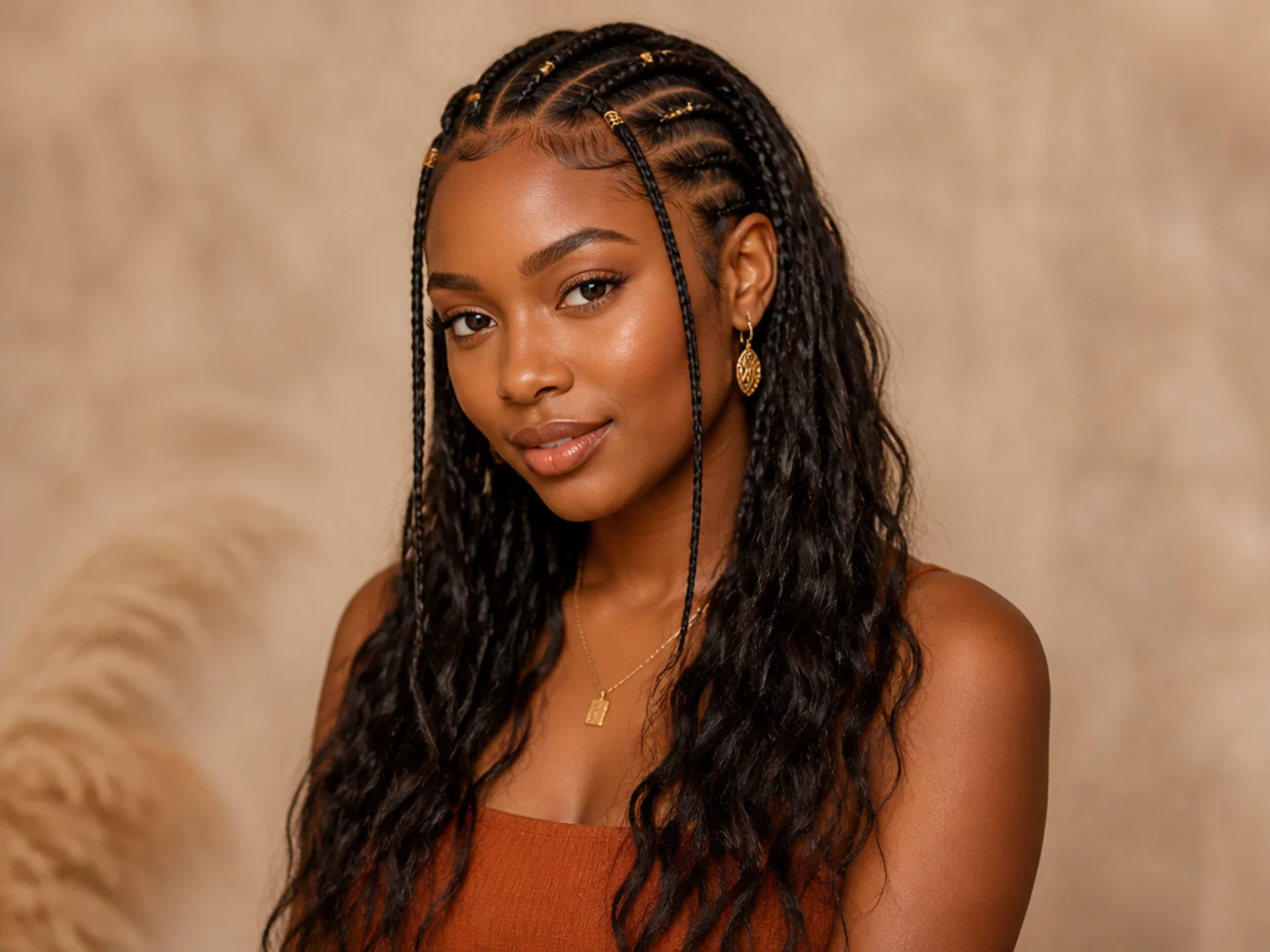 Fulani braids finished with a soft loose wave rather than a tight curl