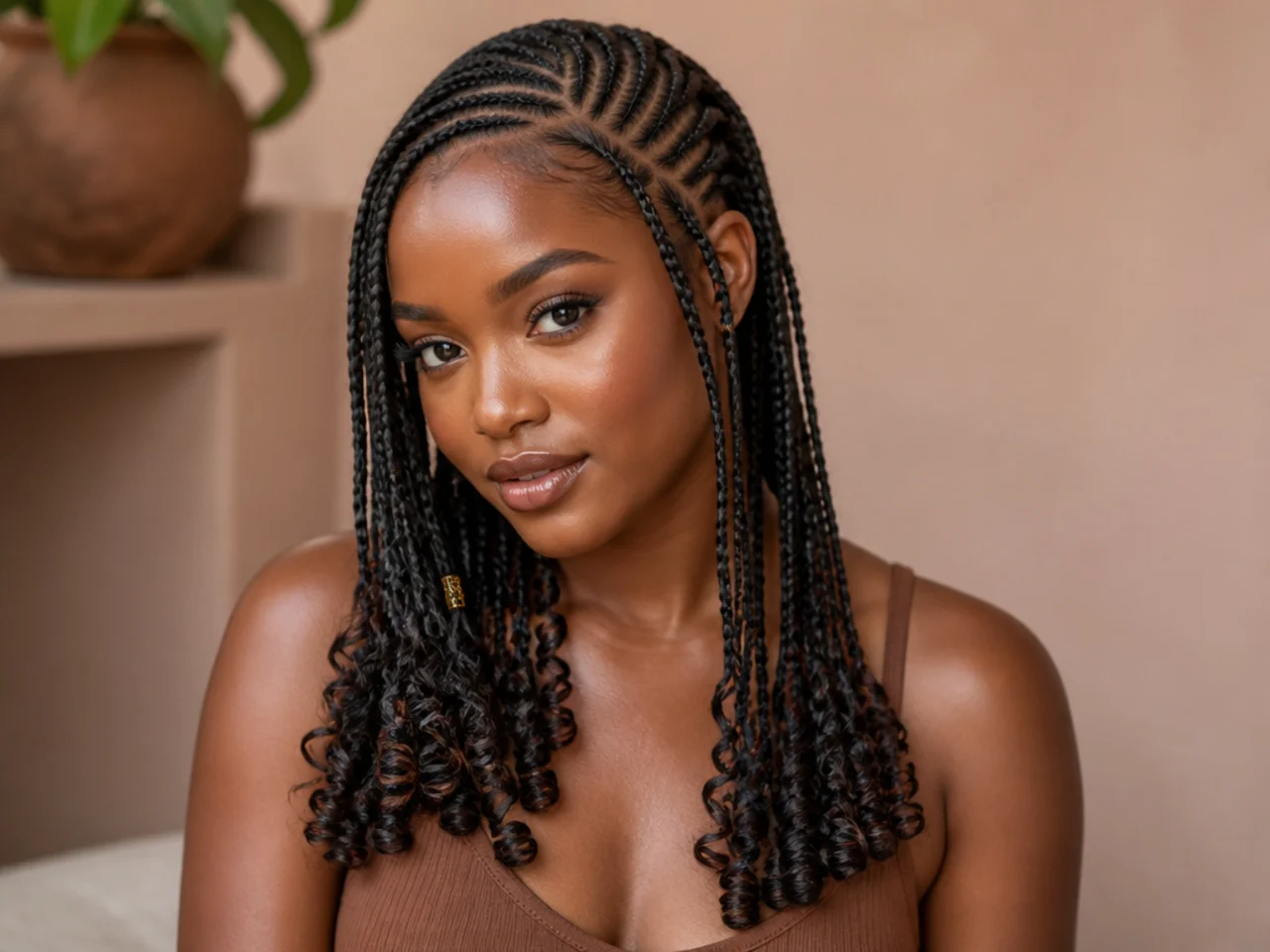Fulani braids with a side parting and curled ends
