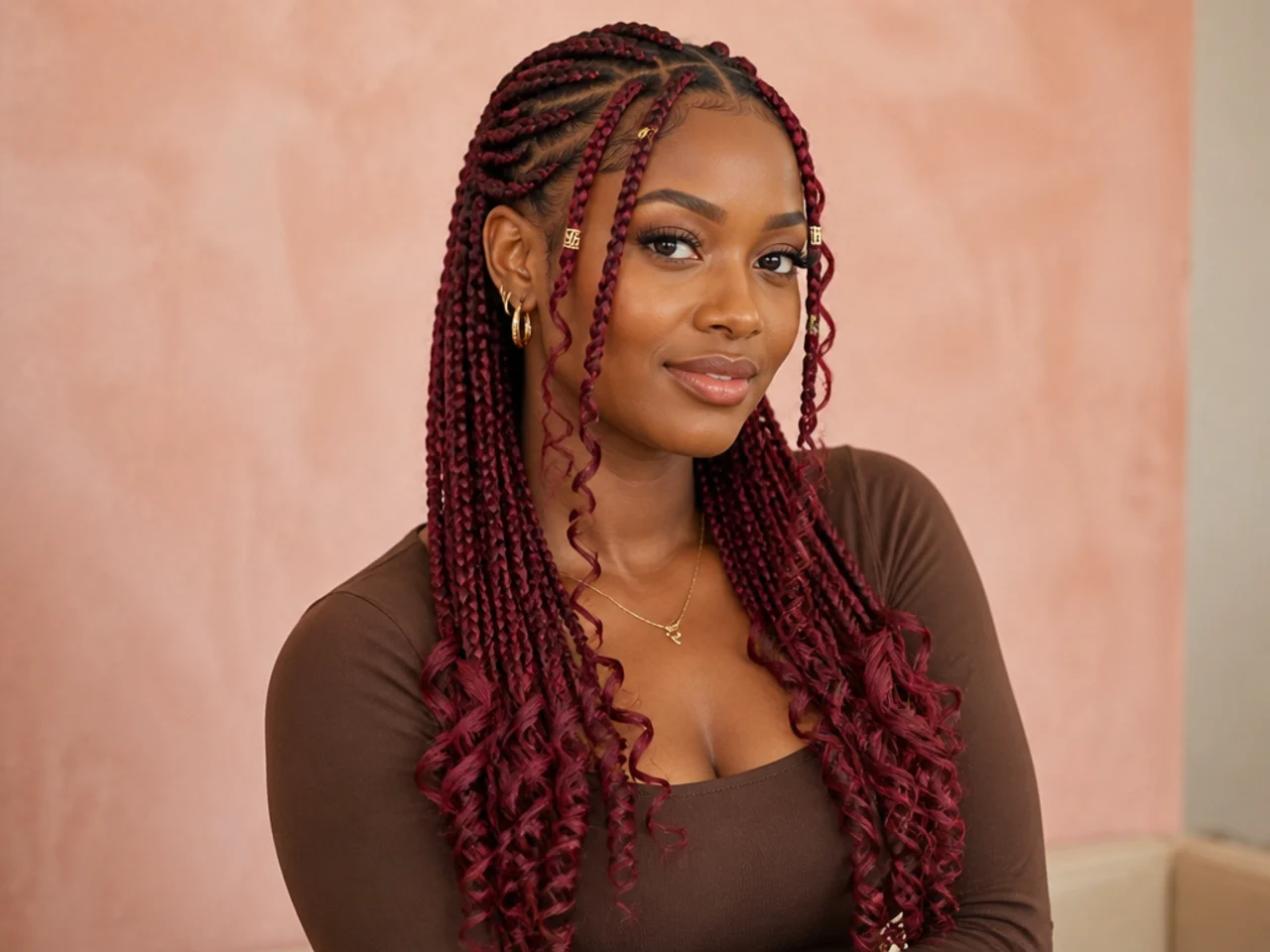 Burgundy Fulani braids with curled ends