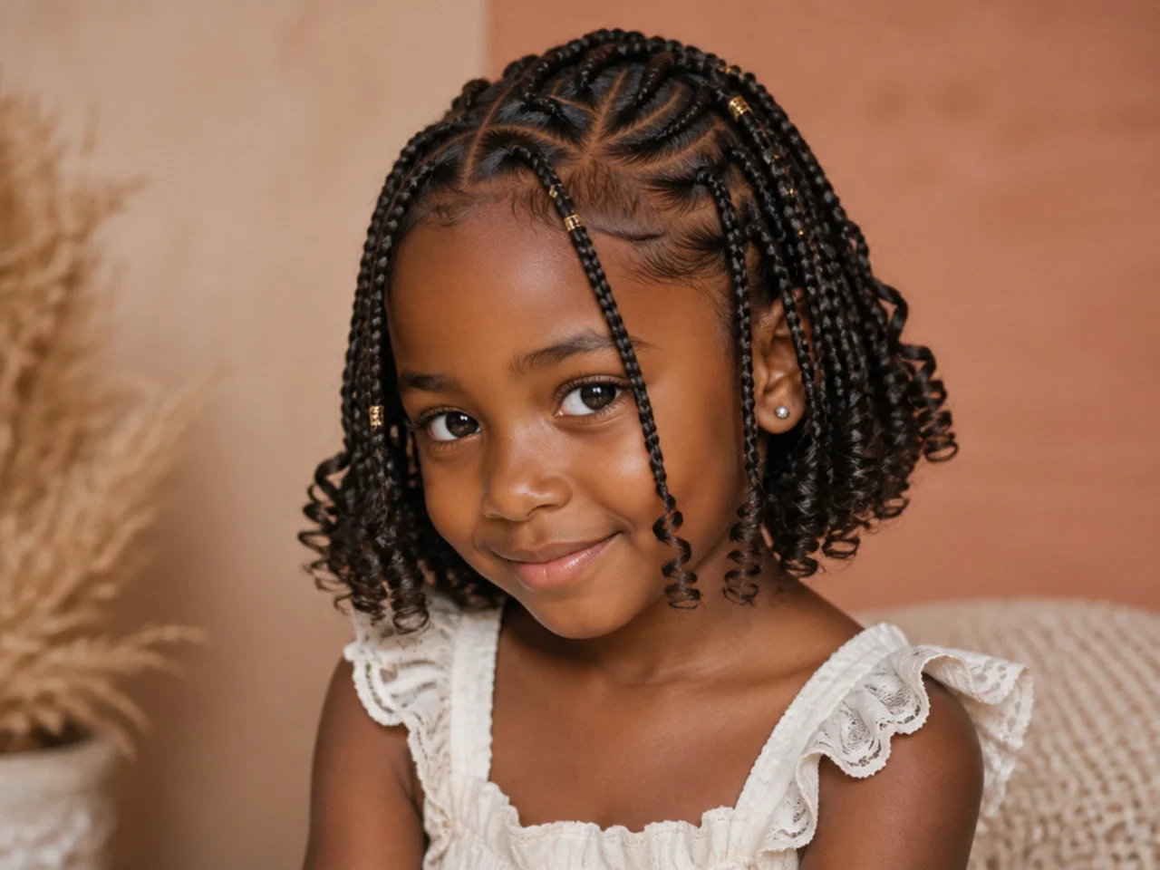 Child's short Fulani braids with soft curled ends