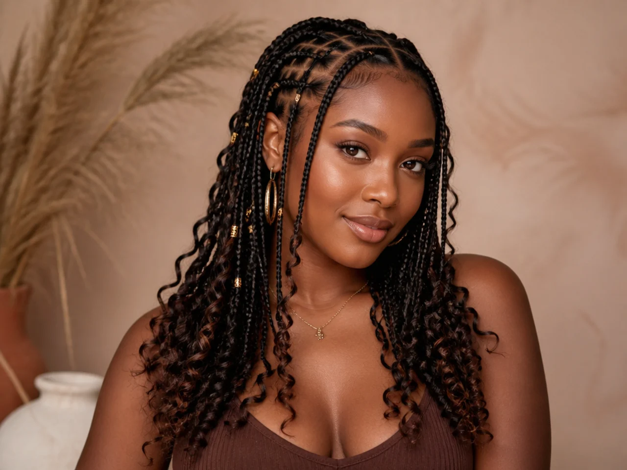 Fulani braids mixing sealed braid tips with curled ends