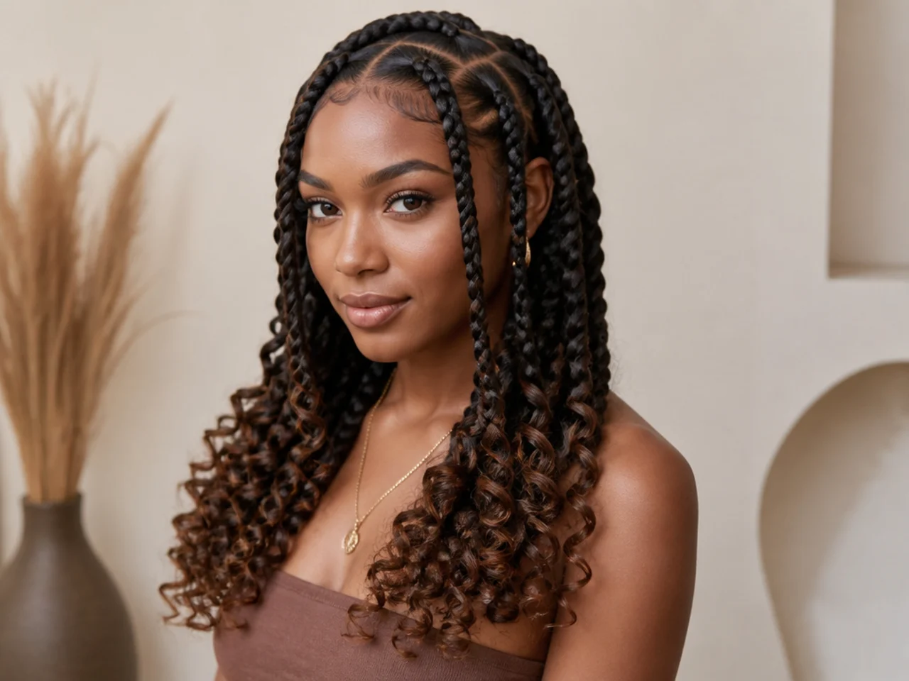 Jumbo Fulani braids finished with loose curls