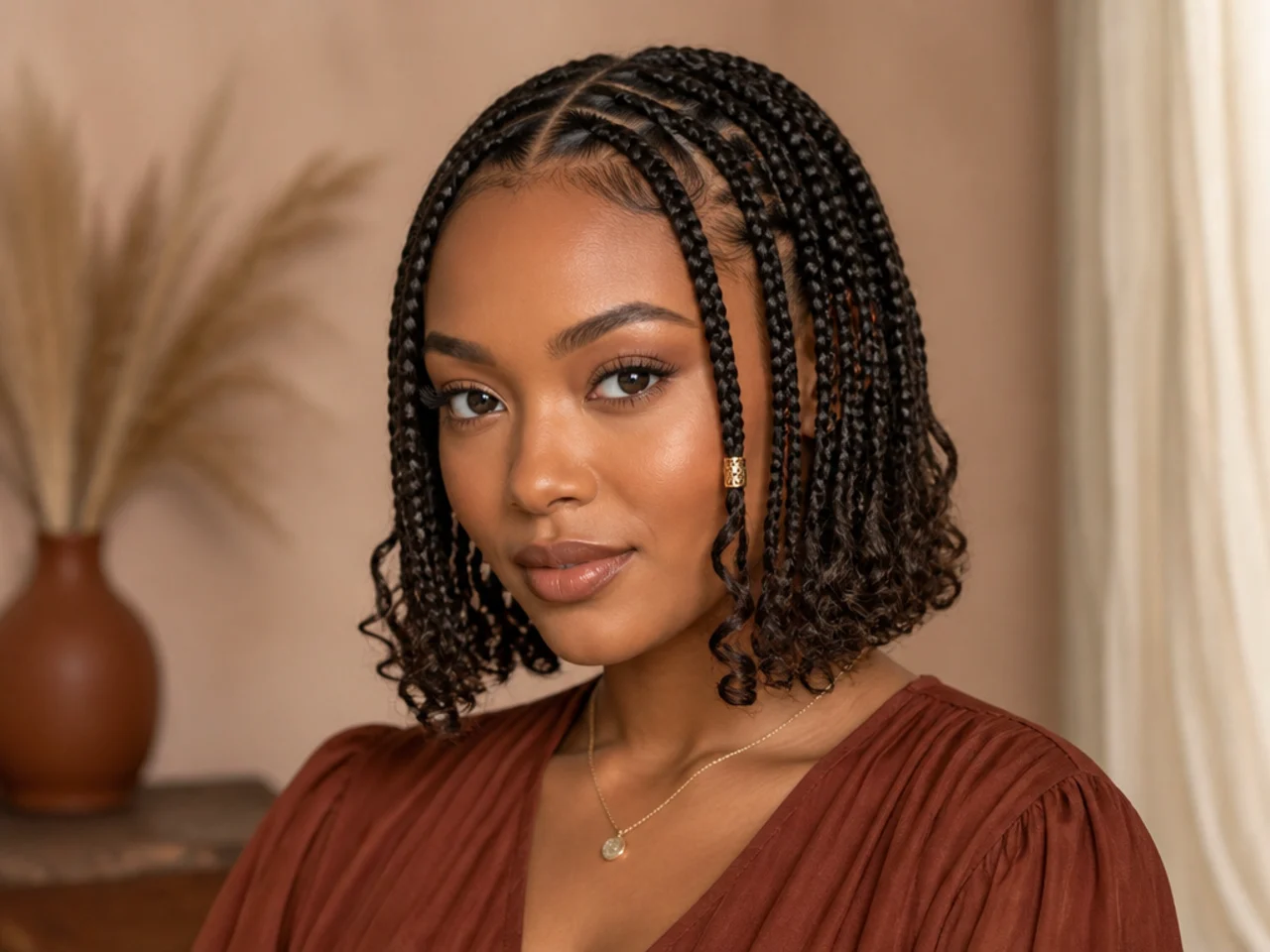 Short Fulani braids with curled ends below the jaw