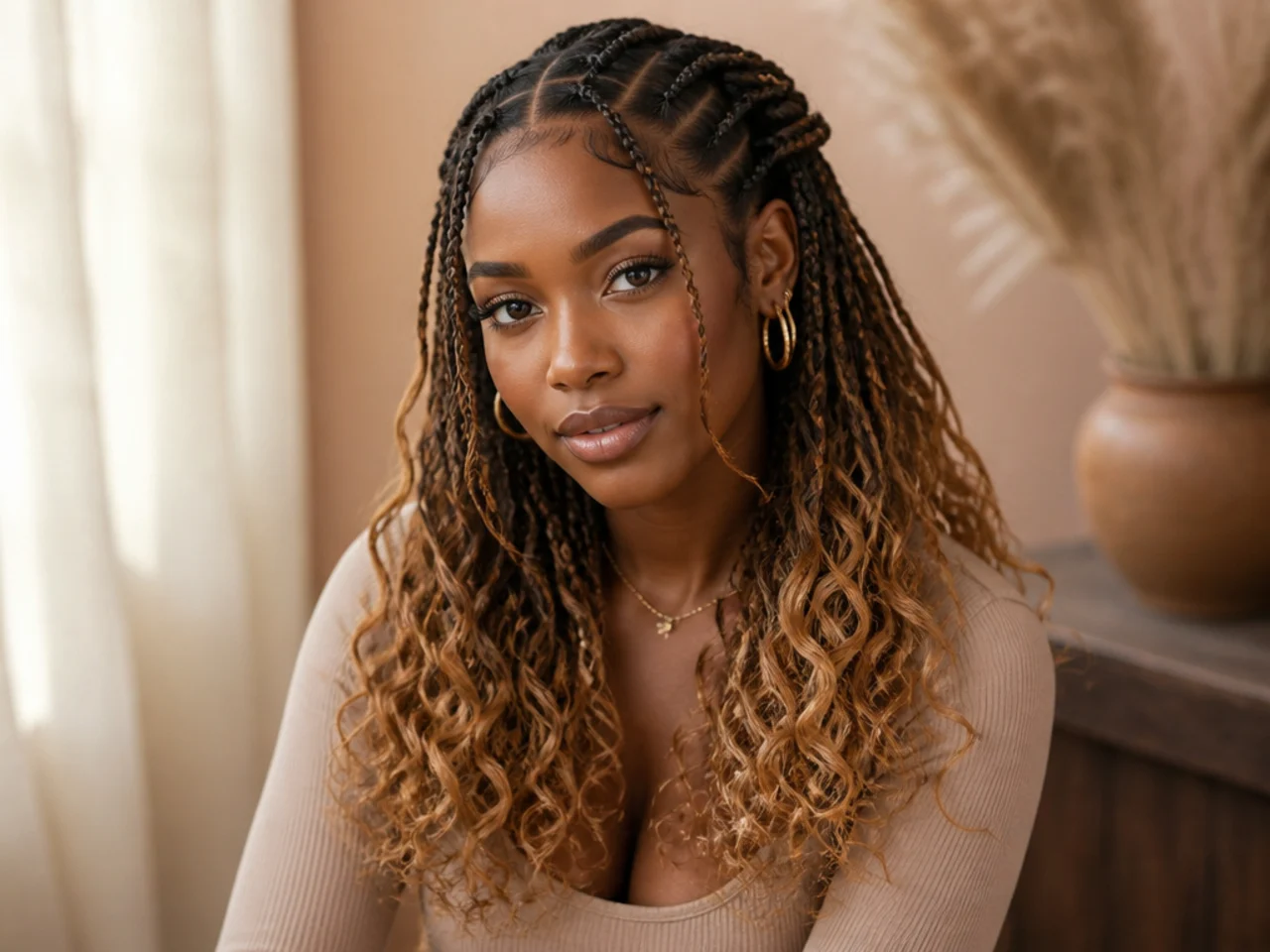 Dark Fulani braids transitioning into honey blonde curled ends
