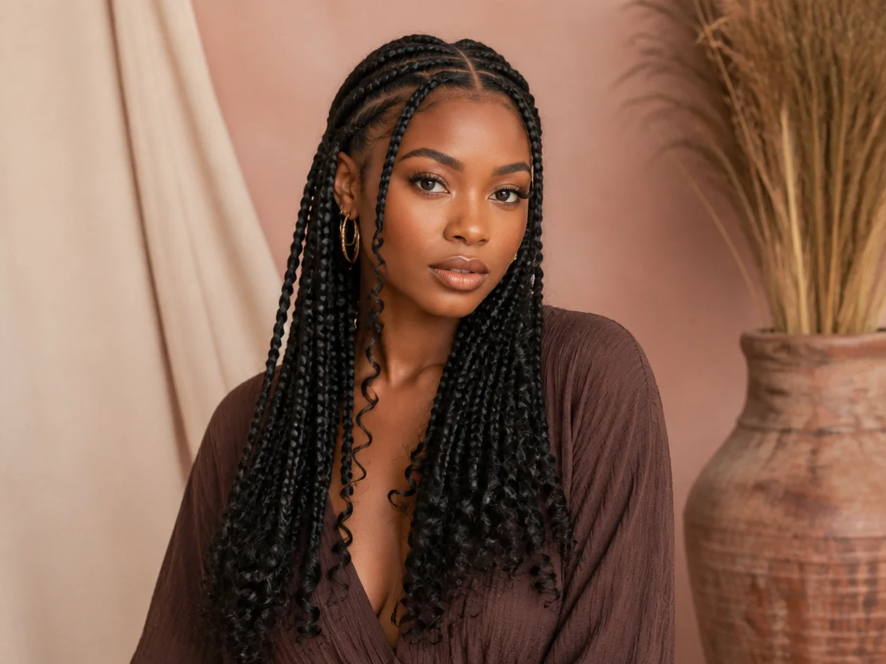 Knotless Fulani braids with curled ends