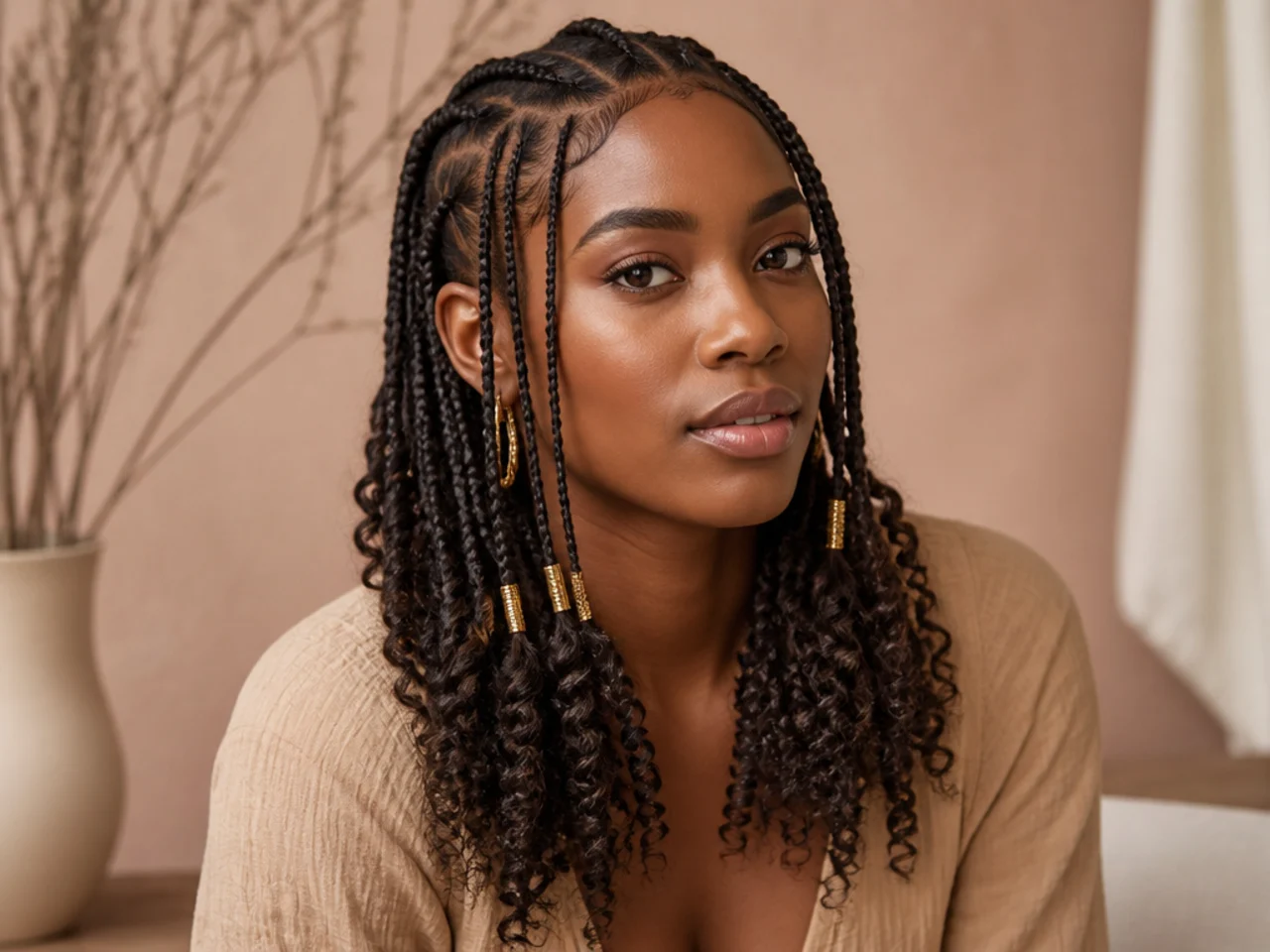 Fulani braids with gold cuffs sitting just above the curled ends