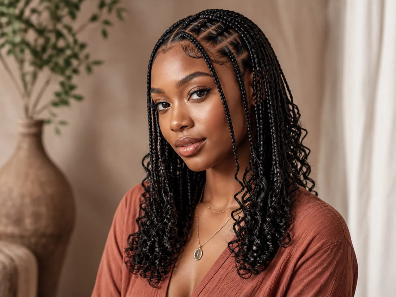 Finished Fulani braids with curled ends from three-quarter view