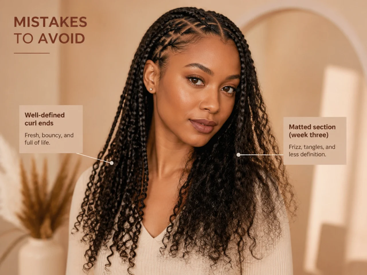 Well-defined curl ends beside a matted section showing week-three wear