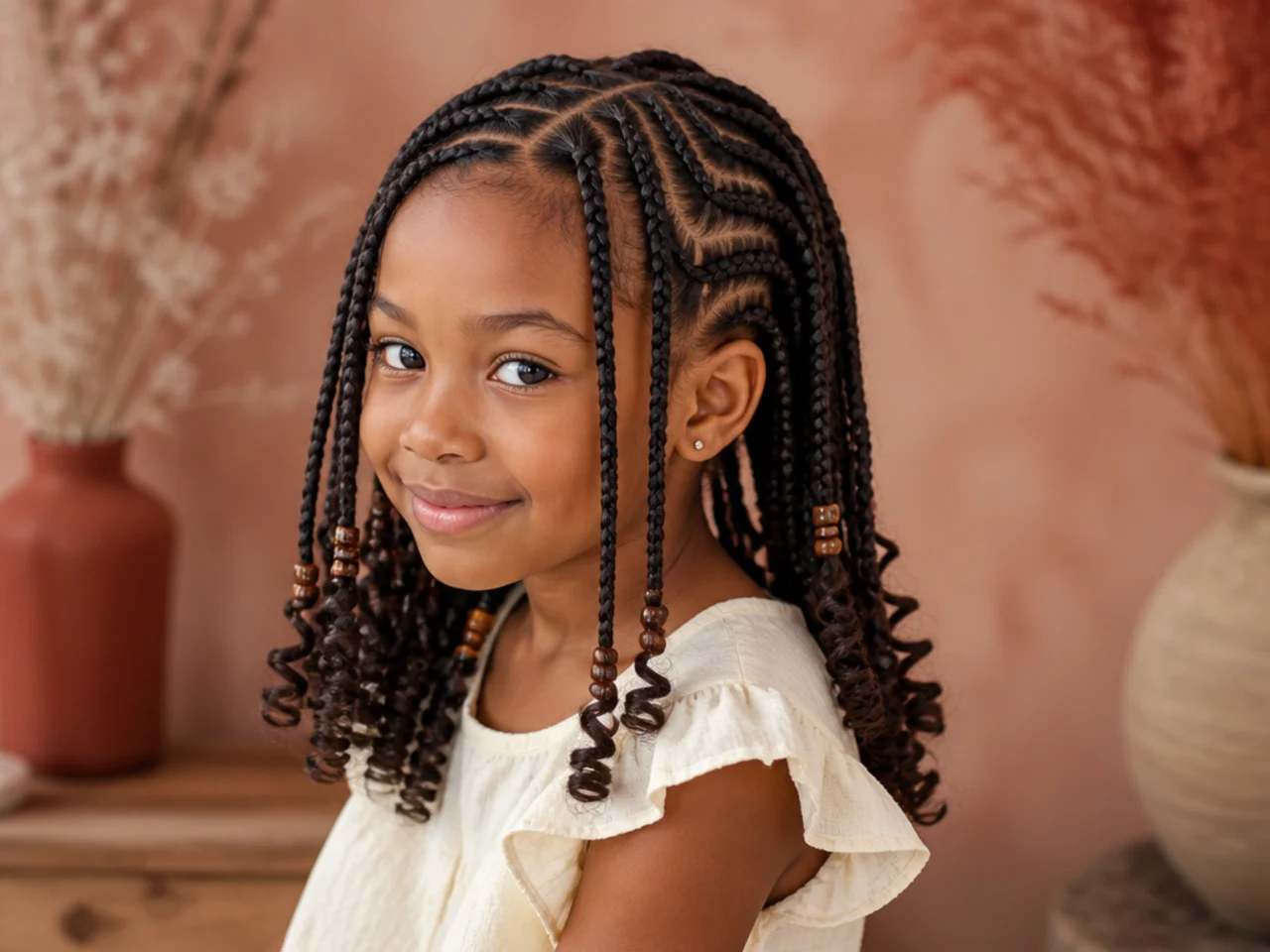 Child's Fulani braids finished with soft curled ends