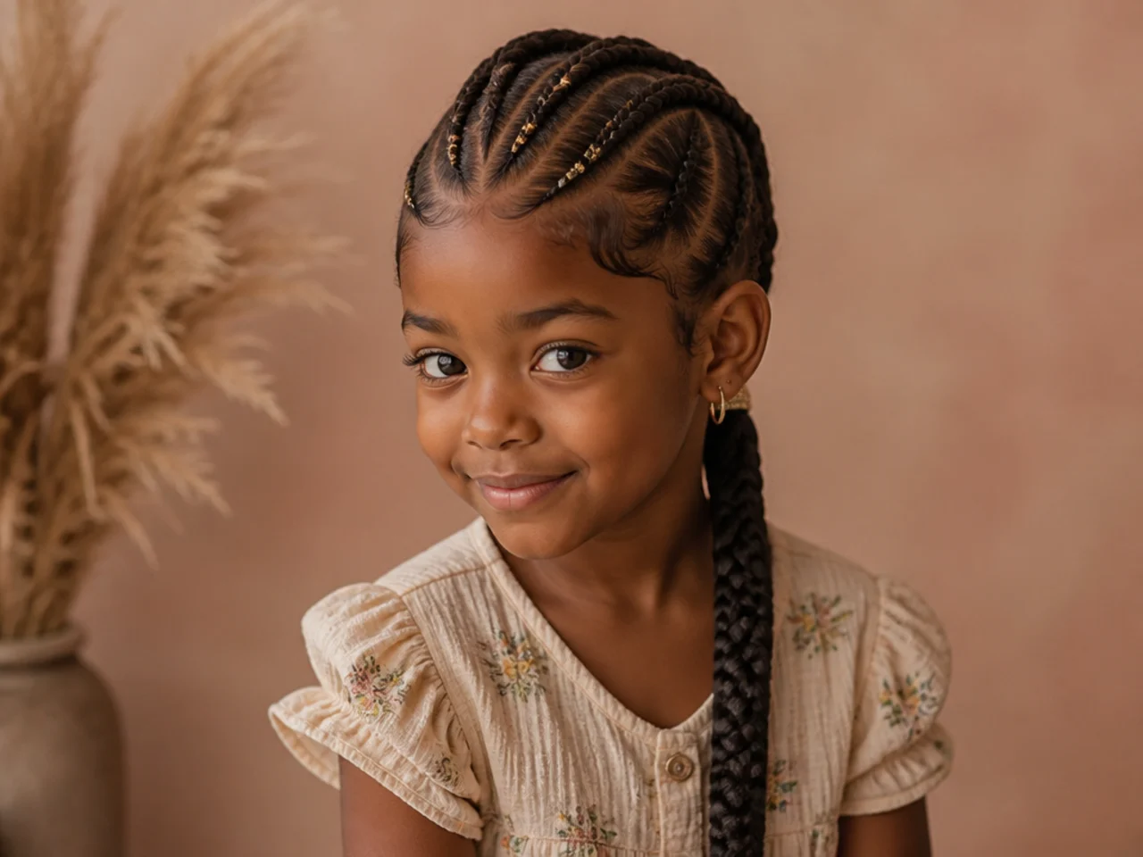 Child's Fulani braids gathered into one low plait