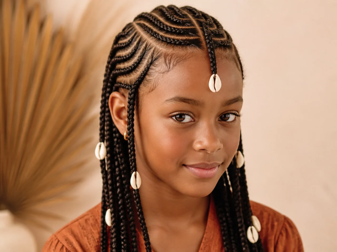 Older child's Fulani braids with a few cowrie shells