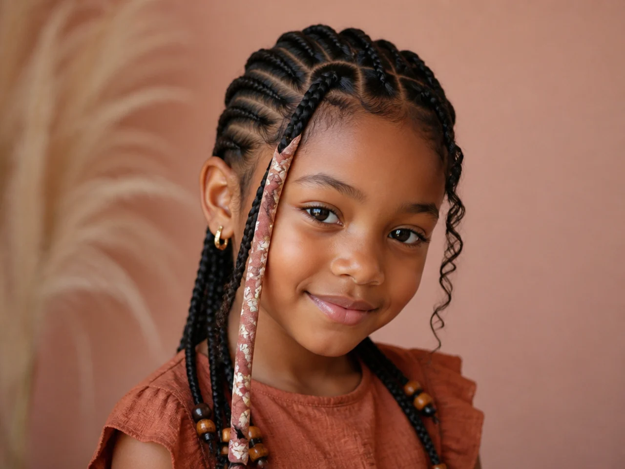 Child's Fulani braids with a soft fabric strip wrapped around one braid