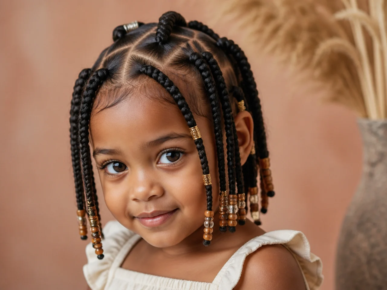 Child with fine hair wearing short jumbo knotless Fulani braids