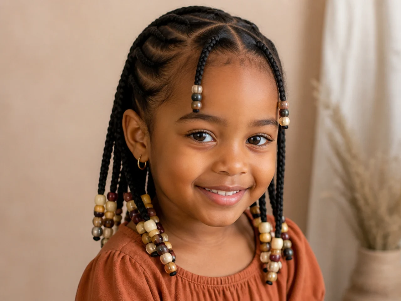 Child's Fulani braids finished with coloured plastic beads