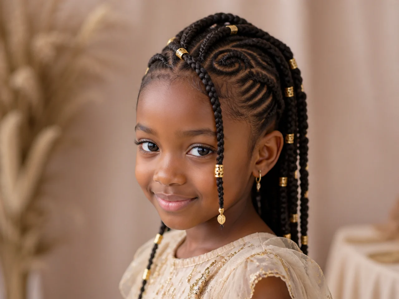 Child's Fulani braids with gold cuffs for a special occasion