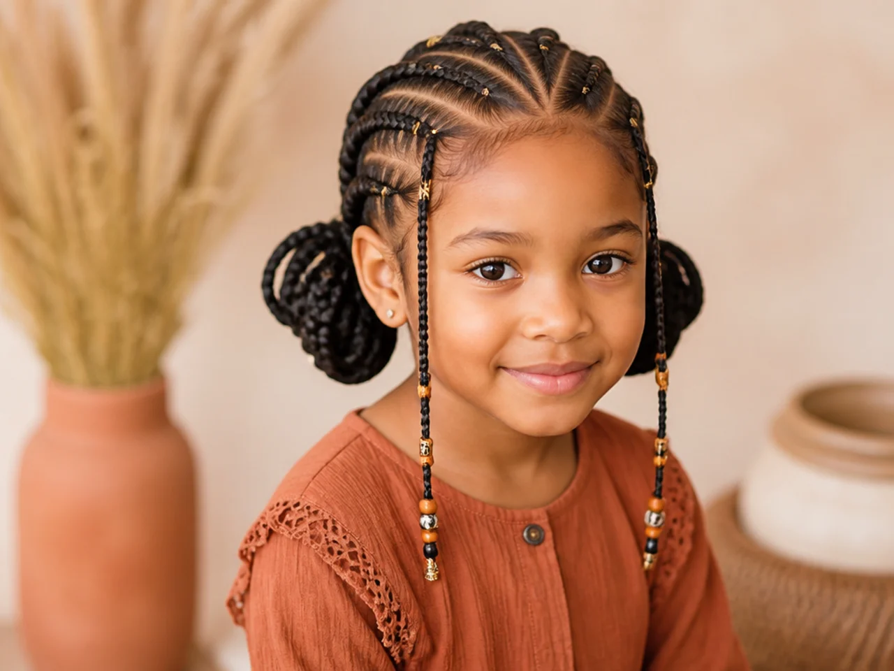 Child's Fulani braids gathered into two low bunches
