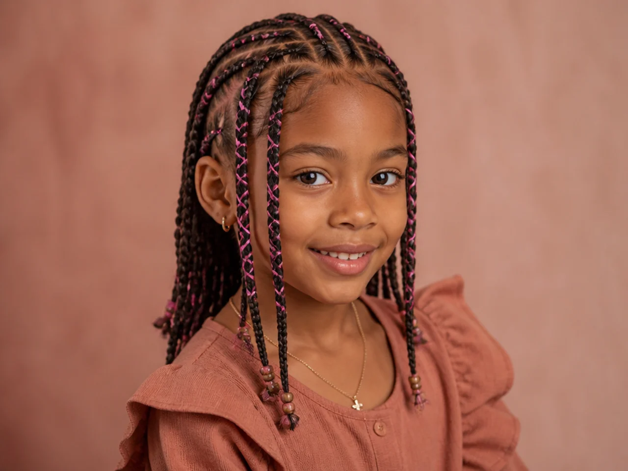 Child's Fulani braids with coloured ribbon woven through