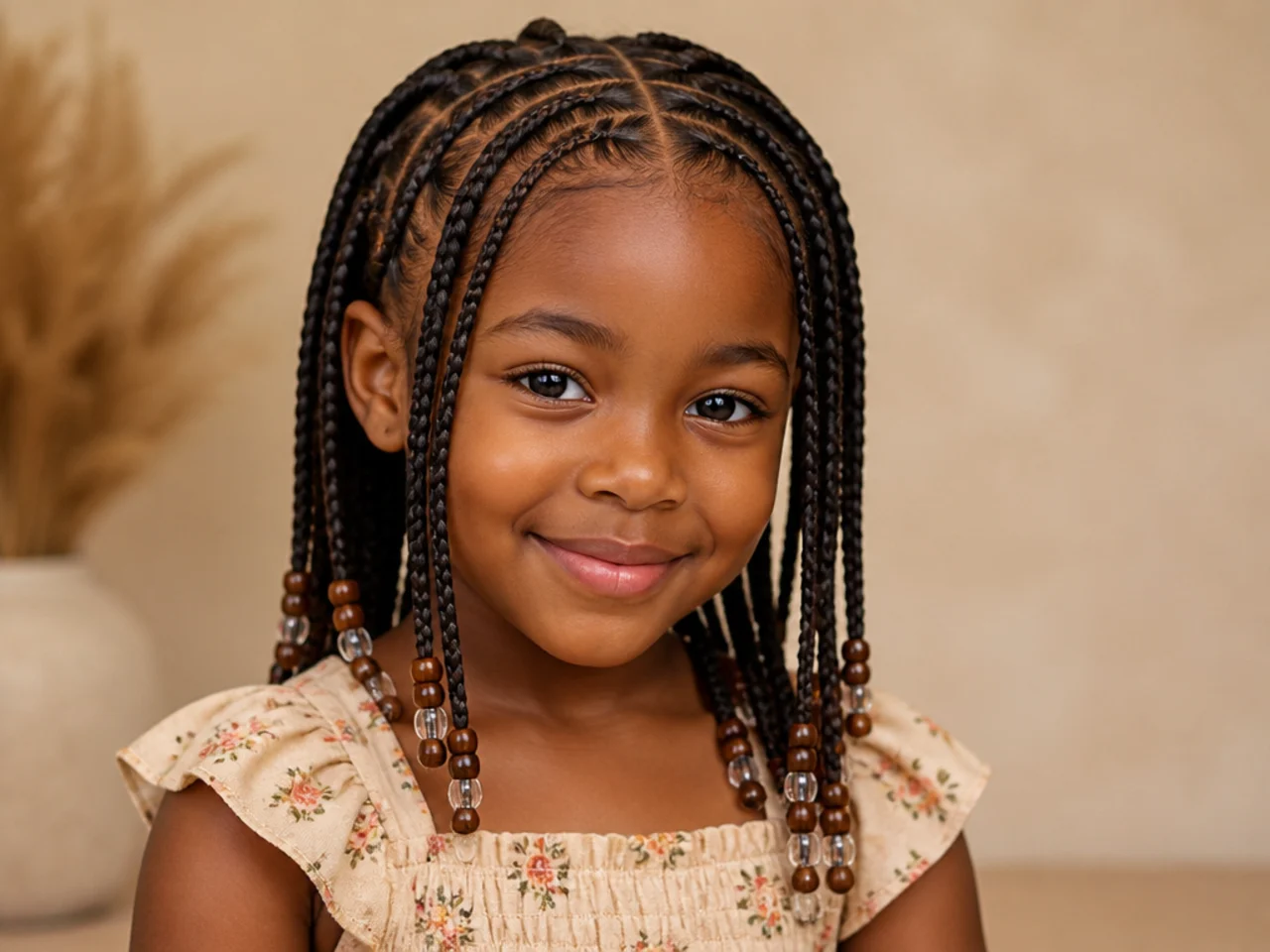Child's finished Fulani braids photographed from the front