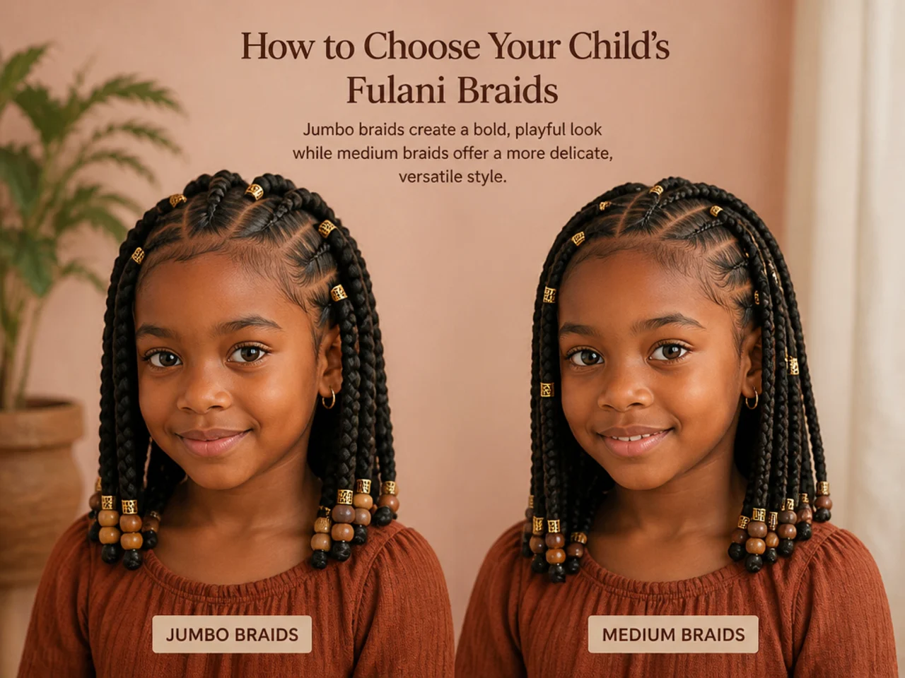 Jumbo and medium child-sized braids compared at shoulder length
