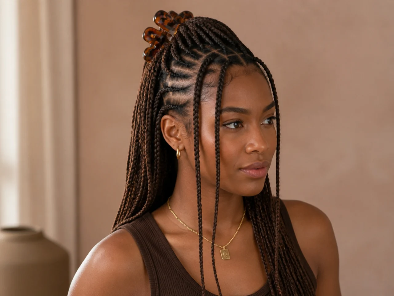 Fulani braids half up secured with a wide claw clip