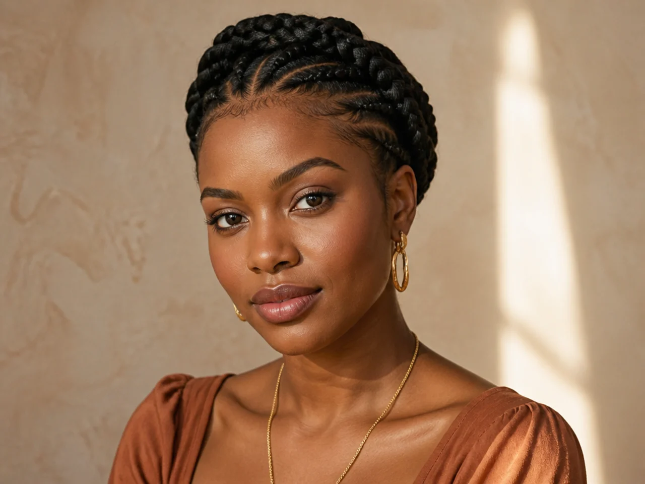 Front cornrows wrapped around the head and pinned as a crown