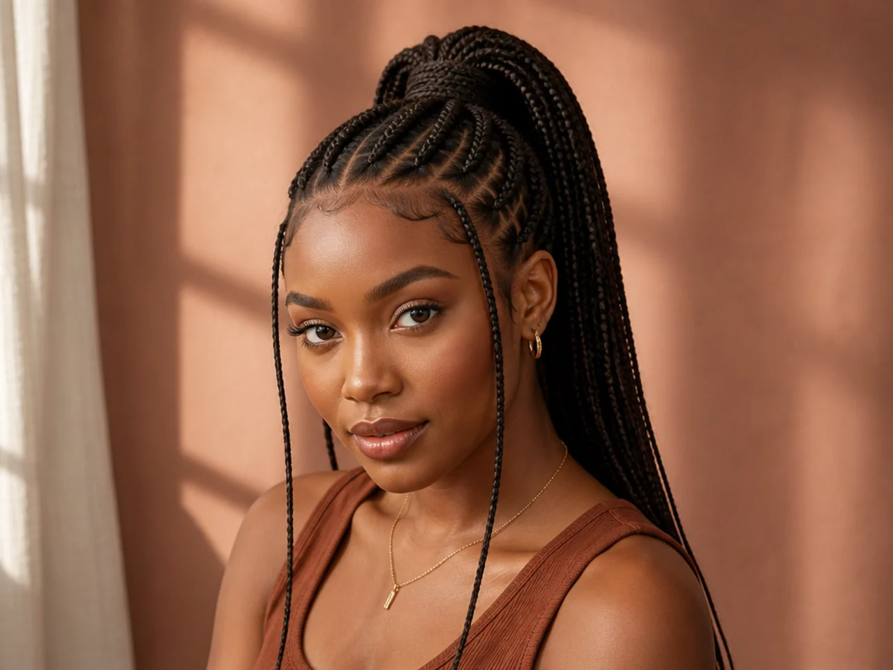 Fulani braids gathered into a mid-height ponytail