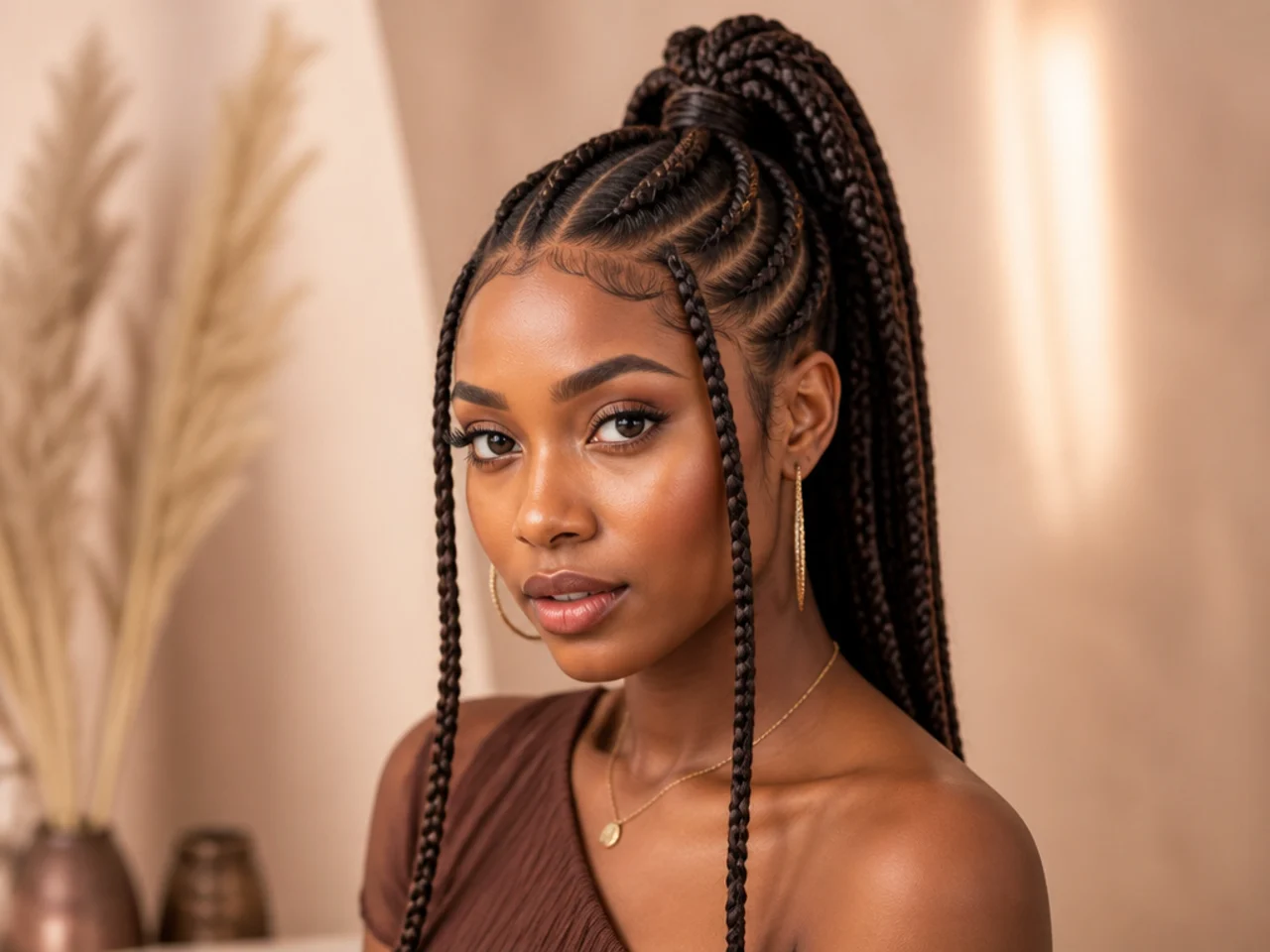 Fulani braids gathered into a high ponytail