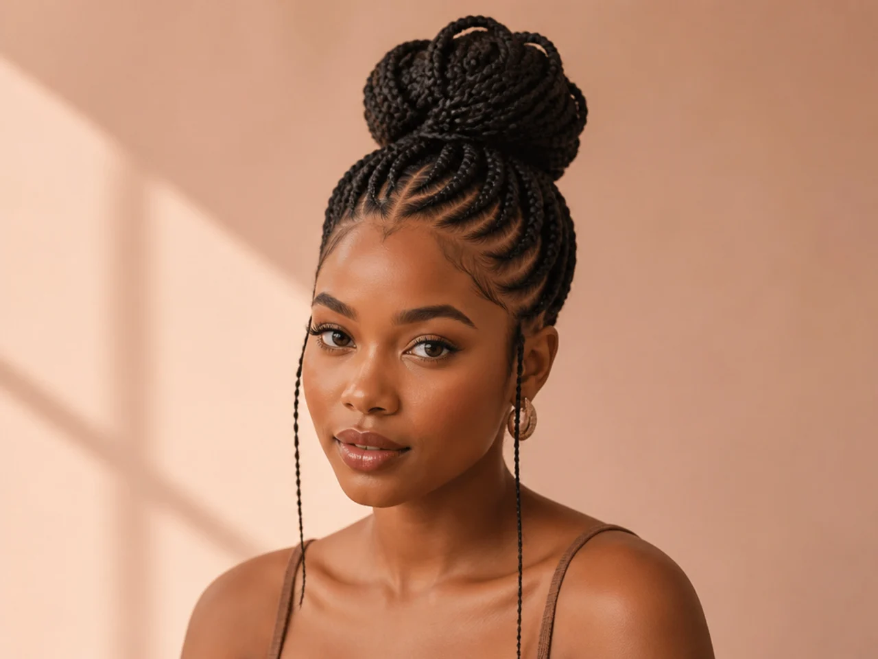 Fulani braids gathered into a high bun