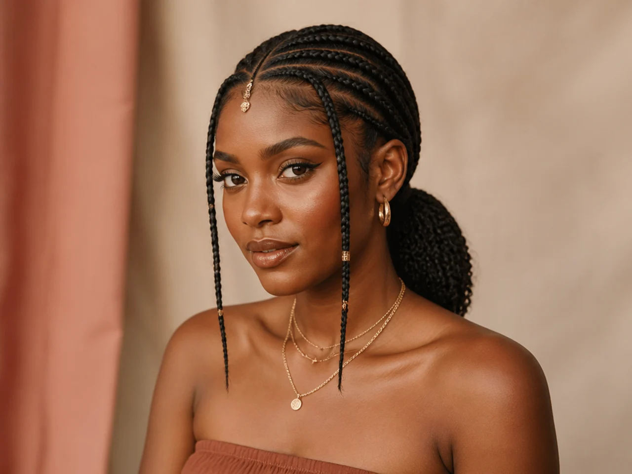 Fulani braids gathered into a low ponytail at the nape