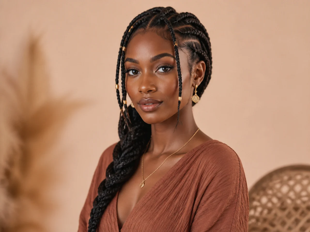 Fulani braids gathered into a single loose side plait