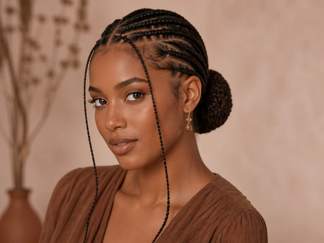 Fulani braids coiled into a low bun at the nape
