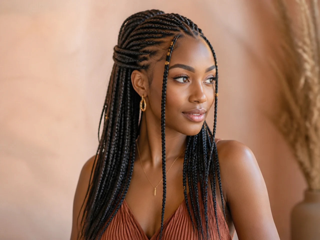 Fulani braids half up with the gather sitting at mid-head