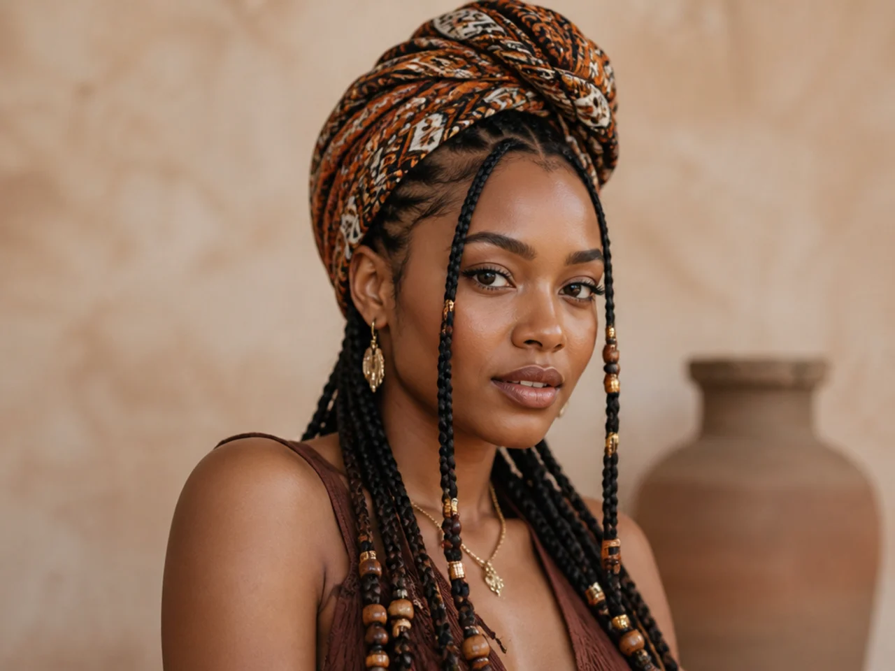 A patterned headwrap tied over Fulani braids