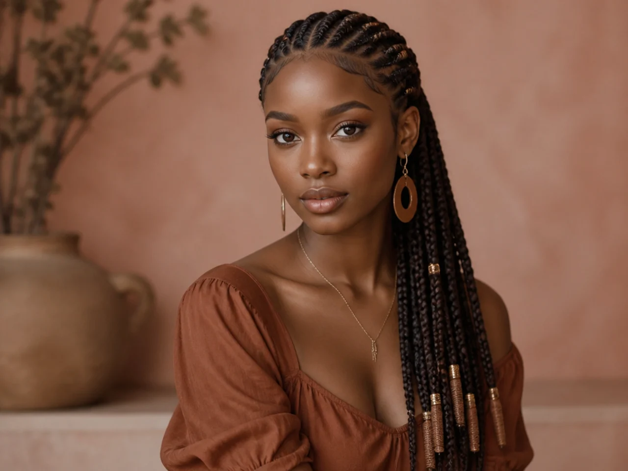 Fulani braids swept behind one shoulder