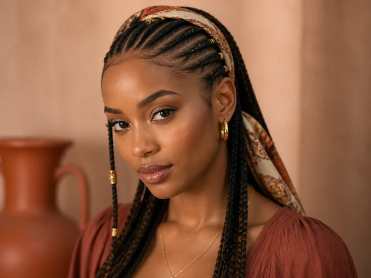 A narrow silk scarf tied as a band behind the front cornrows