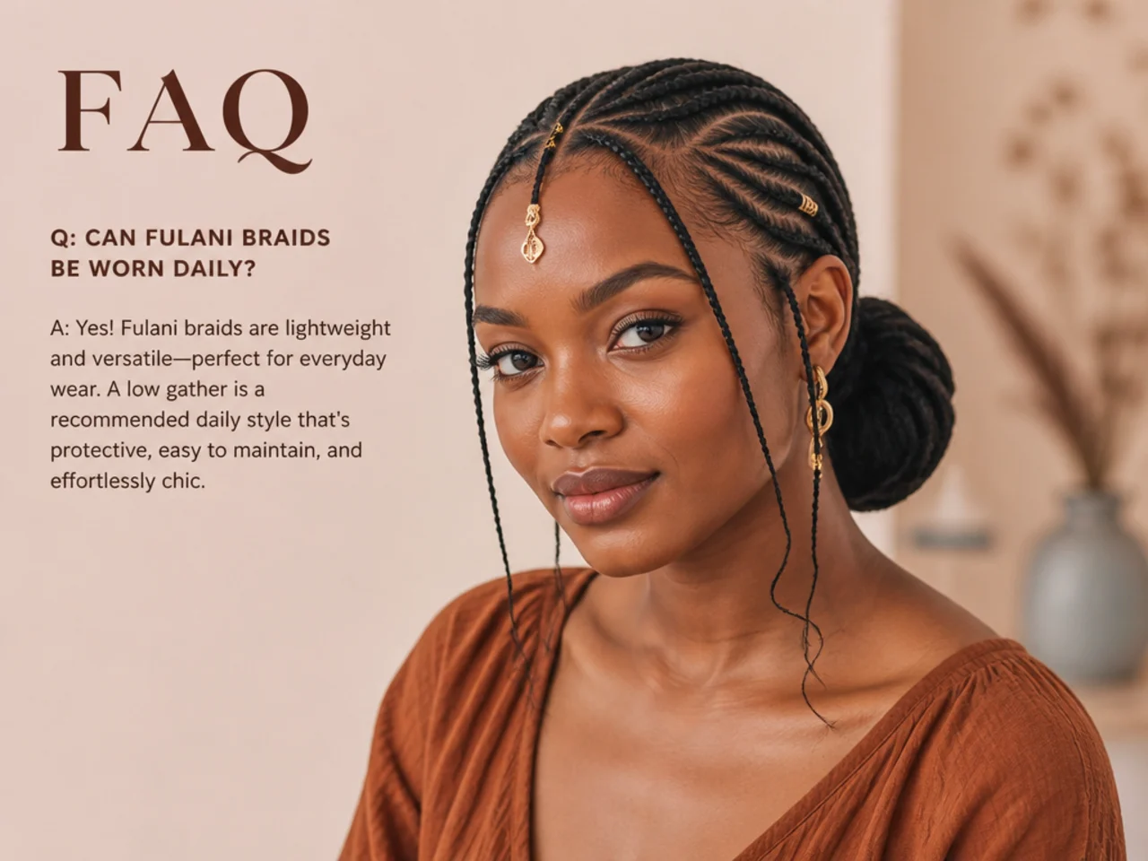 Fulani braids worn in a low gather, the recommended daily style