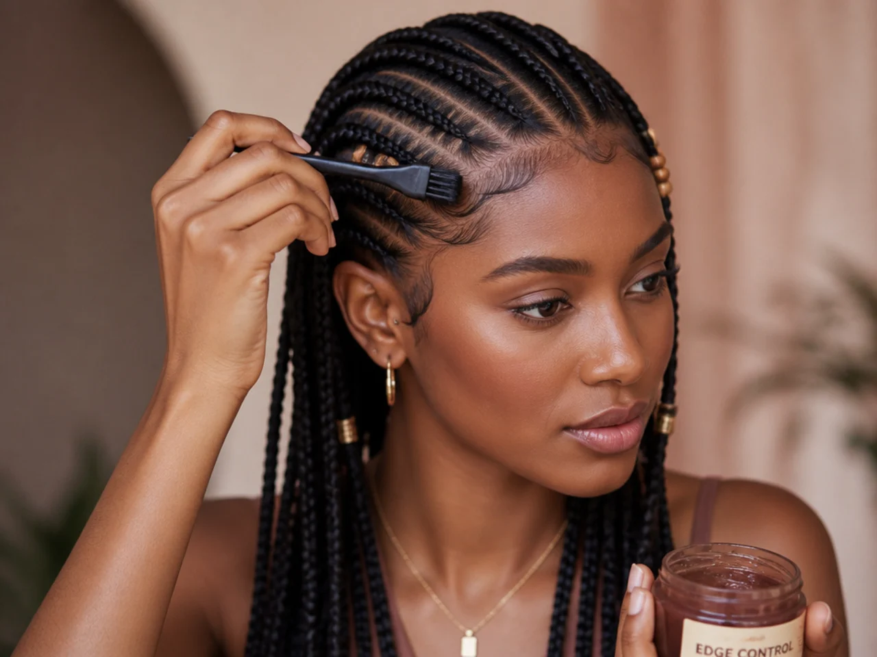 A soft brush and edge control being used along the front cornrows
