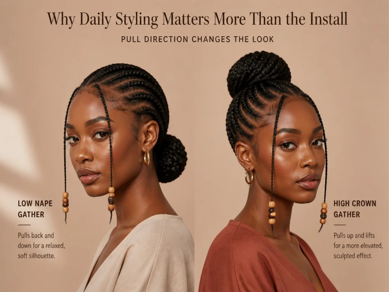 Comparison of a low nape gather and a high crown gather showing the difference in pull direction