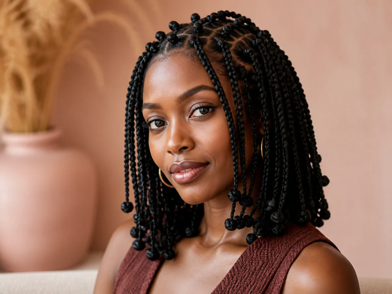 Small knotted Fulani braids at shoulder length