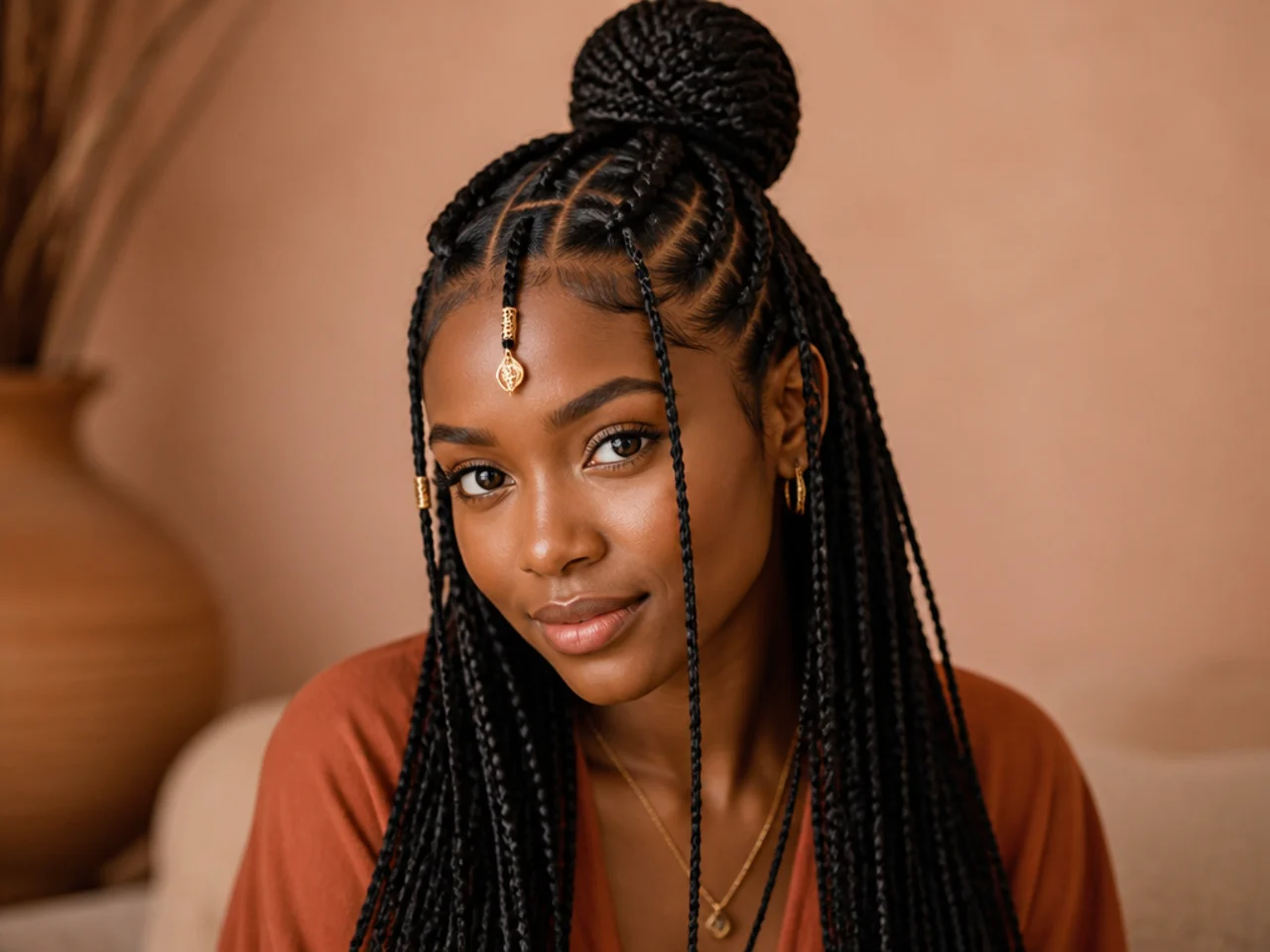 Fulani braids worn in a half-up style