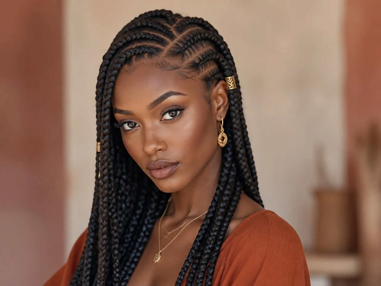 Jumbo Fulani braids with a deep side parting